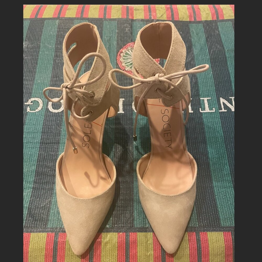 Sole Society Lolita Suede D'Orsay Lace Up Ankle Tie Heels Adobe Beige Size 7 NIB